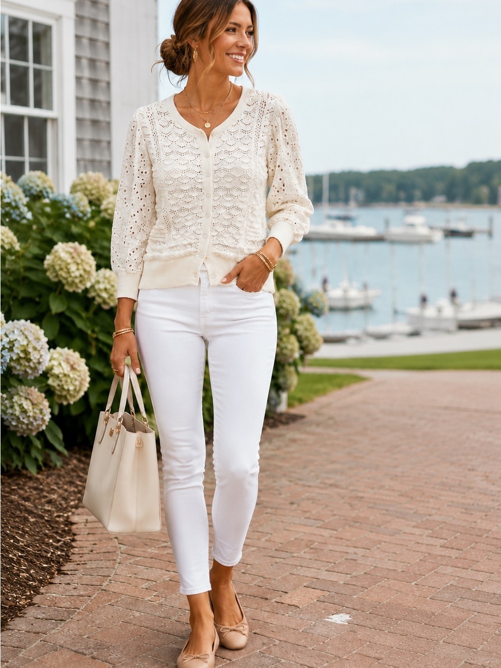 Cloth & Stone Ivory Eyelet Sleeve Knit Cardigan Sweater | Boho Cottagecore